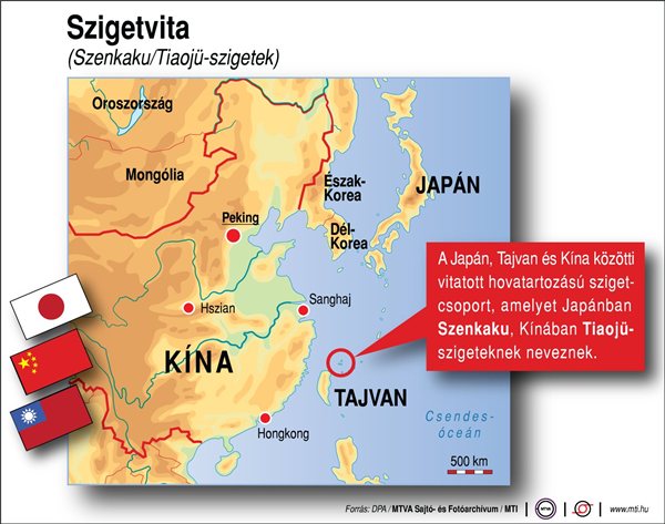 A Japán, Tajvan és Kína közötti vitatott hovatartozású szigetcsoport, amelyet Japánban Szenkaku-, Kínában Tiaojü-szigeteknek neveznek.