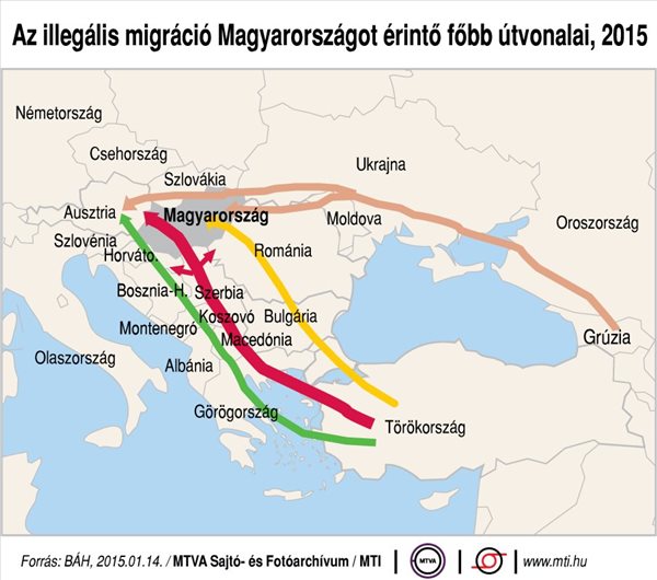 Az illegális migráció Magyarországot érintő főbb útvonalai, 2015