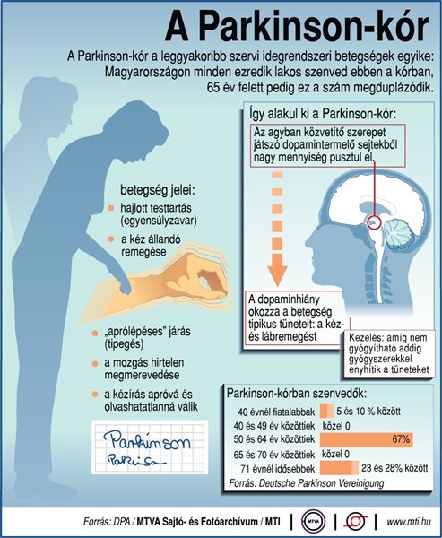 A Parkinson-kór a leggyakoribb szervi idegrendszeri betegségek egyike: Magyarországon minden ezredik lakos szenved ebben a kórban, 65 év felett pedig ez a szám megduplázódik. A betegség jelei: a kéz állandó remegése, hajlott testtartás (egyensúlyzavar), aprólépéses járás (tipegés), a mozgás hirtelen megmerevedése, a kézírás apróvá és olvashatatlanná válik Így alakul ki a Parkinson-kór: Az agyban közvetítő szerepet játszó dopamintermelő sejtekből nagy mennyiség pusztul el. A dopaminhiány okozza a betegség tipikus tüneteit: a kéz- és lábremegést; Kezelés: amíg nem gyógyítható addig gyógyszerekkel enyhítik a tüneteket