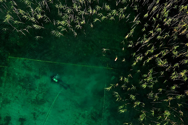 This photograph taken on July 27, 2023, shows a diver searching for archaeological material in Lake Ohrid, southeastern Albania. A mixed team of Albanian and Swiss archaelogists from the Univesity of Bern have confirmed that the the Palafitte settlement of Lin dates back to 5800 - 6,000 years BC, making it the oldest lakeside village in Europe discovered to date. The village is believed to have consisted of houses built on stilts above the lake's surface or in areas regularly flooded by rising waters. (Photo by Adnan Beci / AFP)